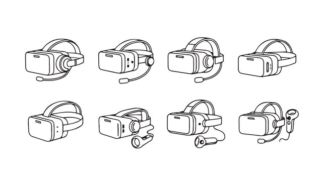 Set of eight hand-drawn virtual reality headset sketches in a clean artistic style vector