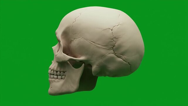 Frontal view of a realistic human skull with detailed bone structure and visible teeth, isolated against a vibrant, vivid green background.