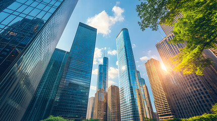 Obraz premium Skyscrapers in downtown Chicago, reflecting the surrounding cityscape in their windows.