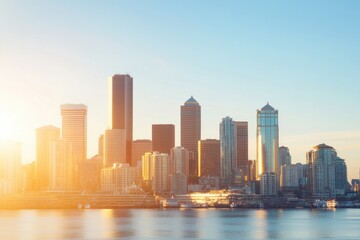 Fototapeta premium Cityscape Sunset: A panoramic view of a modern city skyline at dusk, with skyscrapers silhouetted against a vibrant sunset sky, the city lights twinkle and a sense of serenity fills the air.