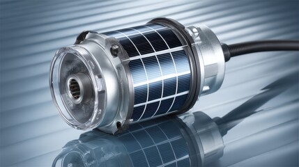 Detailed Close-Up of a Modern Solar Power Generator Component with Reflective Surface and Sleek Design, Ideal for Renewable Energy and Eco-Friendly Technology Applications