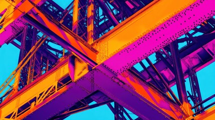 Abstract close-up view of vibrant orange and magenta metal beams intersecting, showcasing industrial structure.