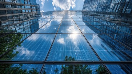 Stunning Reflections of a Modern Skyscraper Under a Blue Sky with White Clouds Captured from Ground Level in an Urban Environment featuring Glass Architecture