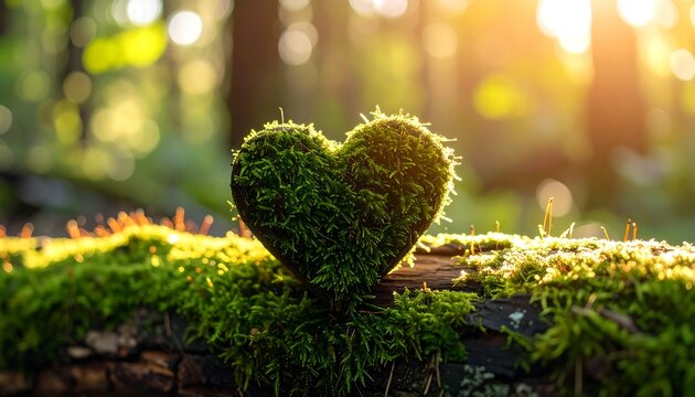 Heart-shaped moss on log in sunlight