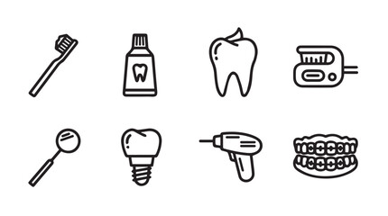 Collection of dental care icons including toothbrush paste tooth implant drill mirror and teeth vector