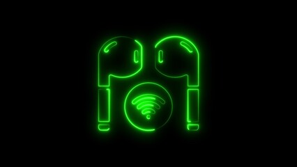Neon green wireless earbuds surrounded by a glowing circle with wi-fi signal symbol on black background