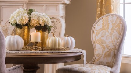 A table with books, candles, and white hydrangeas in vases on the round tray