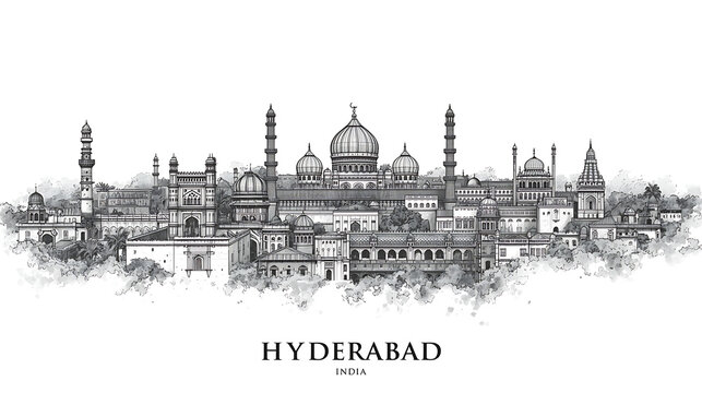 Hyderabad India Skyline Illustration Sketch in Black and White with Charminar Golconda Fort Hussain Sagar Tank Bund Salar Jung Museum Landmarks, Use for Posters, Wall Art, Educational Prints, Souvenir