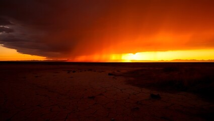 Dramatic sunset over parched desert landscape with storm clouds looming heavy