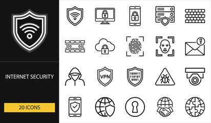 Thin line internet security icons set of 20 vector symbols including shield, lock, firewall, vpn, fingerprint, hacker, camera, and cyber protection design