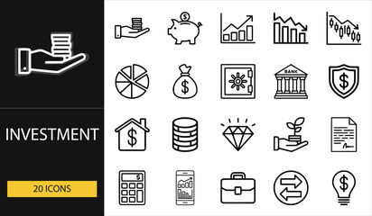 Thin line investment icons set of 20 vector symbols including money, piggy bank, chart, growth, coins, diamond, house, and financial planning design