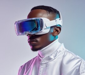 Wearable technology testing, African American man in high-collar attire adjusting sleek VR headset with reflective visor, human-computer interaction concept, promotional shot for electronics marketing