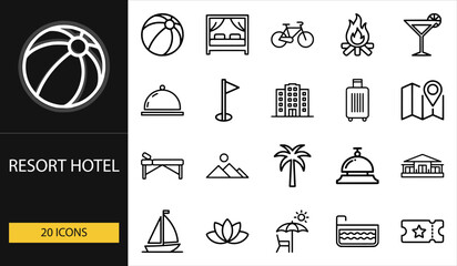 Thin line resort hotel icons set of 20 vector symbols including bed, luggage, palm tree, pool, bell, drink, spa, and vacation travel design