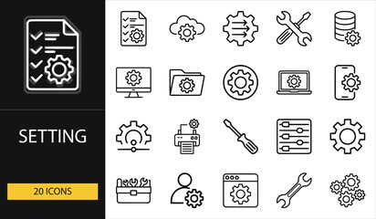 Thin line setting icons set of 20 vector symbols including gear, wrench, screwdriver, laptop, cloud, control, and configuration design