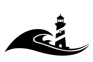 Bold minimalist graphic featuring an iconic lighthouse silhouette standing strong amidst a powerful ocean wave, representing coastal navigation, adventure, and the timeless allure of the sea