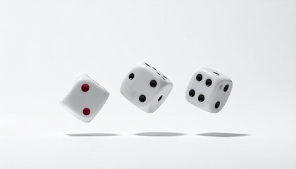 Describe four white six-sided dice with black dots suspended mid-air against a white background. Highlight their varied orientations, shadows, and relevance to gaming, randomness, and probability.
