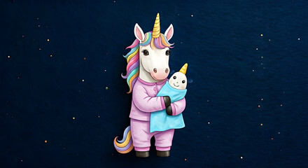 Unicorn in Pajamas holding a little blanket.
