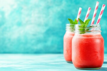 Refreshing Watermelon Smoothies: Two vibrant watermelon smoothies in mason jars, adorned with mint and striped straws, sit against a cool, textured turquoise backdrop.
