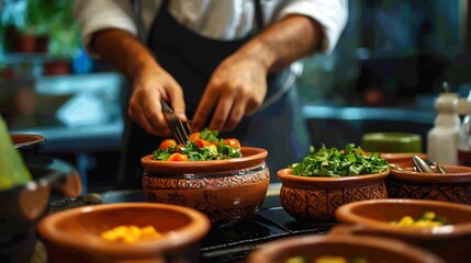 Chef Preparing Healthy Salad in Terracotta Bowl