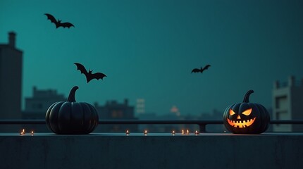 Urban Halloween Rooftop | Glowing Jack-o'-Lantern, Candles, Bats and Teal Night Sky
