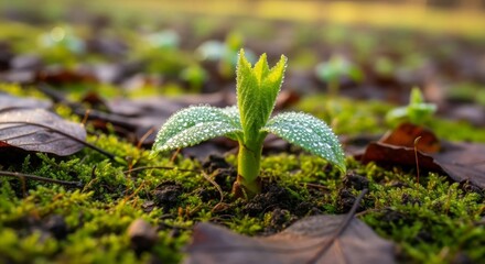 Glistening Dawn of Life - A Dew-Kissed Sprout Emerges from a Mossy Bed.