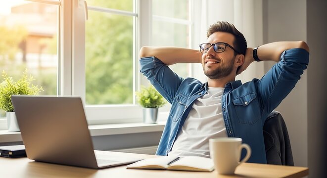 Young man taking a break from work at his home office