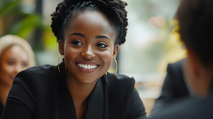 An African manager and corporate coach leading a diverse team meeting, mentoring employees and introducing new ideas.