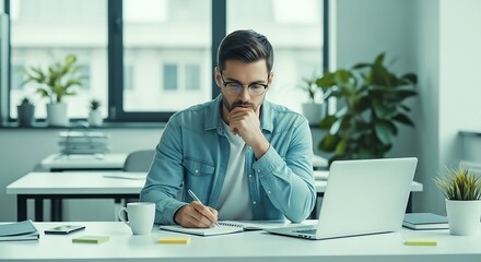 Naklejka premium Young man working from home office thoughtfully writing and using laptop