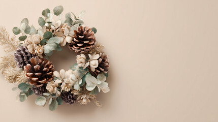 Elegant winter holiday wreath with pine cones and eucalyptus, bringing nature indoors for festive celebrations and seasonal decor projects
