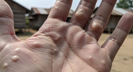 Close-up of a Sweaty, Sun-Kissed Palm with Blisters Against a Rustic Village Backdrop.