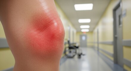 Inflamed Knee with Redness and Swelling in Hospital Setting, Wheelchair in Background.