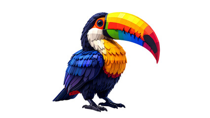 A colorful hornbill with a yellow and red beak perched on a branch, it is an exotic tropical bird in the Brazilian wildlife.