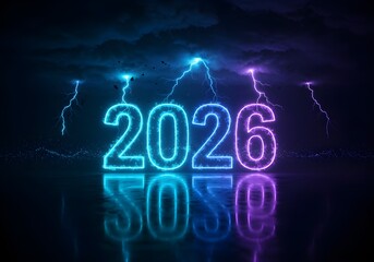 Futuristic Year 2026 Concept | Neon Numbers, Lightning Storm and Reflective Surface