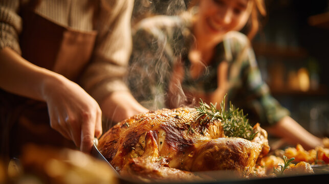 Delicious Thanksgiving turkey being carved, steaming and golden, ready to serve for a family feast, creating warmth and togetherness during the holiday season