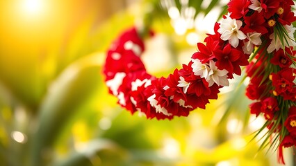 Vibrant red and white orchids in sleek glass vase, soft bokeh of city skyline lights, warm ambient glow.