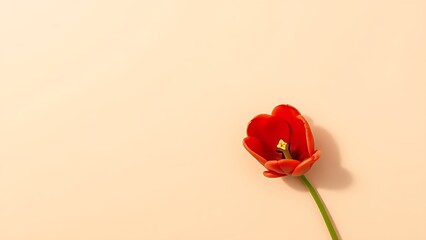 A single red tulip in full bloom against a neutral backdrop, creating a minimalist floral composition.