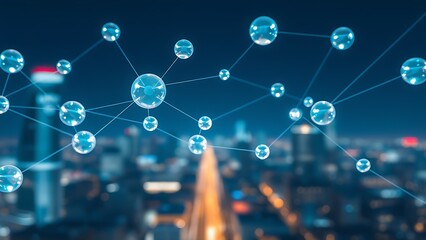Floating translucent spheres connected by glowing lines, symbolizing global business networks.