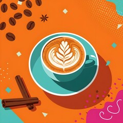 Artistic Coffee Illustration | Turquoise Cup with Latte Art, Spices and Abstract Background, christmas for lifestyle
