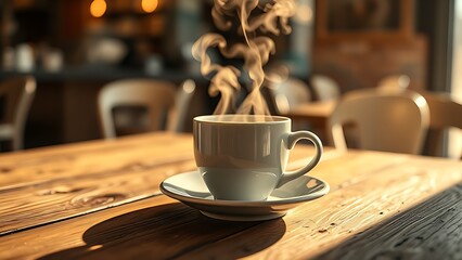 Steaming coffee cup on a rustic wooden table, bathed in warm morning light with soft bokeh.