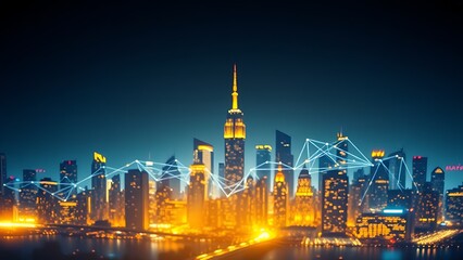 Abstract cityscape with glowing blue and gold connection lines against a gradient backdrop.