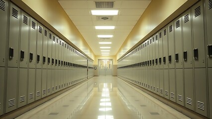 Empty school hallway with symmetrical metal lockers, leading to a vanishing point under soft fluorescent light.