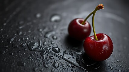 Close-up of a ripe cherry with water droplets, highlighting freshness and natural beauty on a dark surface.