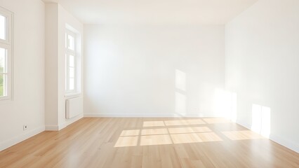 Minimalist living room with white walls and wooden flooring in natural diffused light.