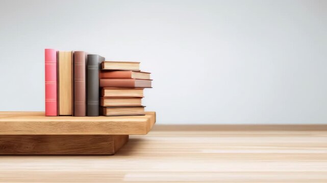 A wooden shelf displays a row of standing books and a stack of horizontal books