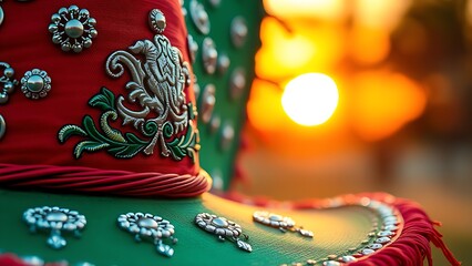 A vibrant traditional Mexican papel picado banner with intricate cut-out patterns, glowing in golden sunlight amidst festive celebrations.