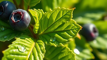 Close-up of vibrant green blueberry leaves with natural dew in morning sunlight.