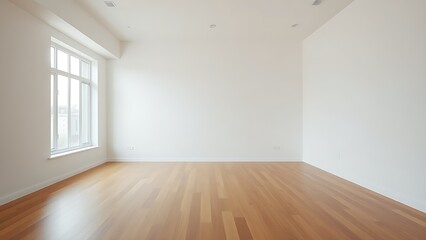 Minimalist living space with wooden floors and white walls, bathed in soft natural light for a tranquil ambiance.