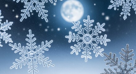 Ethereal Snowflakes Dance Under a Luminous Full Moon in a Winter Night Sky.