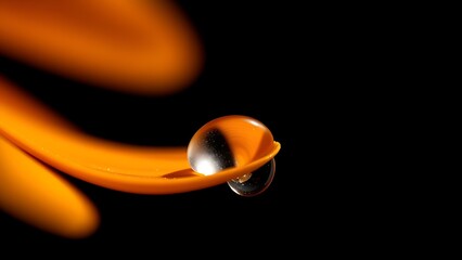 Close-up of an orange flower petal with a glistening water droplet against a dark background.