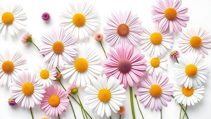 Collection of daisy flowers arranged on a white background, bathed in natural daylight.